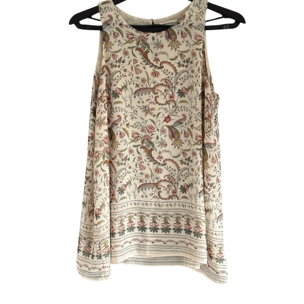 Max Studio Cream Pink Green Floral Sleeveless Blouse Size Medium - Picture 2 of 7